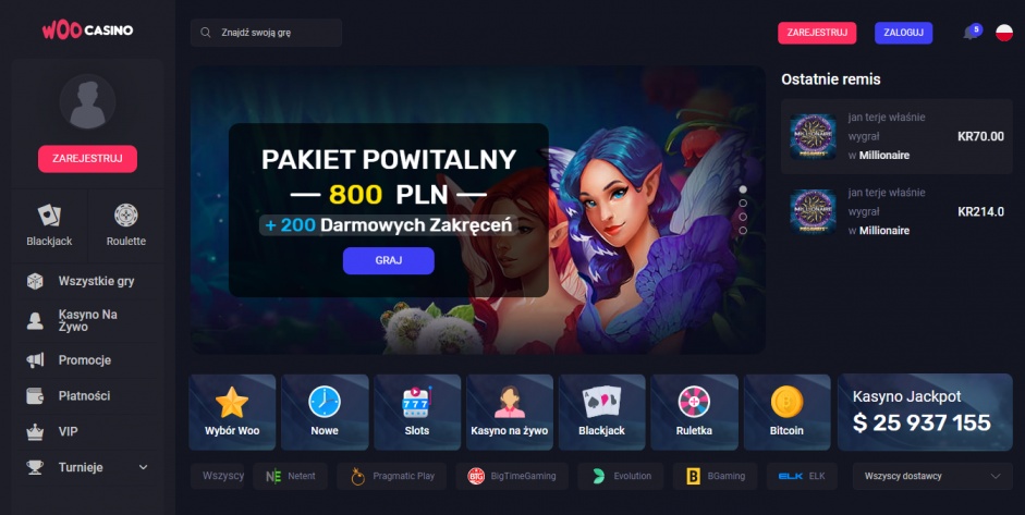 Tak wygląda strona internetowa Woo Casino